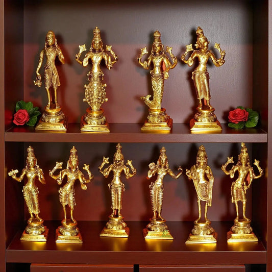 Brass Vishnu Dashavatar figurine styled in a contemporary interior setting