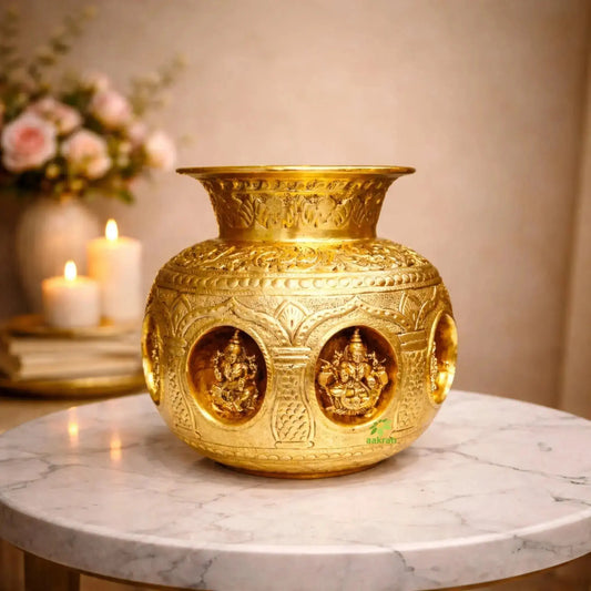 Brass Ashtalakshmi Kalash figurine placed on a luxury living room console table with elegant home décor