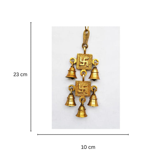 Vastu Brass Wind Chime | Traditional Wall Hanging for Spiritual Blessings & Good Vibes | Brass Swastik Hanging Bell ( Yellow, 9.2 inch) Aakrati