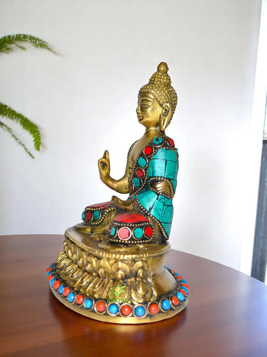 Lord Buddha Sitting on Lotus with turquoise stone work Aakrati