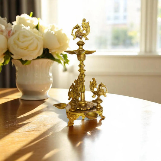 Aakrati Peacock Table Oil Lamp Made of Brass for Home Decoration Gift and Religious Purpose - Table Decor Showpiece Sculpture Oil lamp Stand - Indian Metal Craf Aakrati
