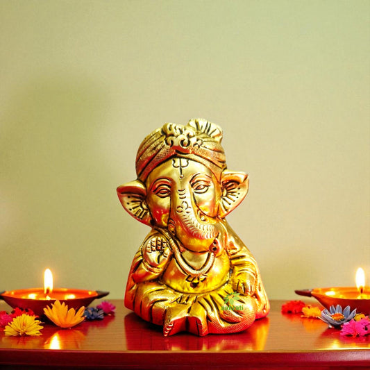 Brass Appu Ganesh idol – a charming symbol of wisdom and good fortune - Brass Ganesh Statue (Yellow, 4.2 Inch) Aakrati