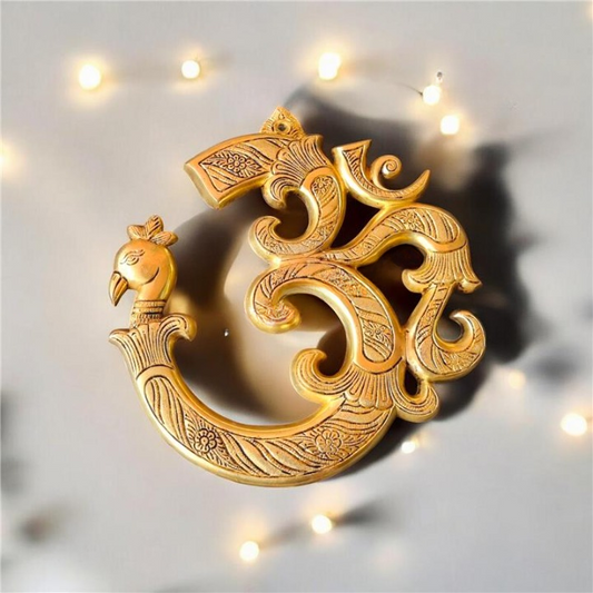 "Luxury Brass Om Wall Hanging | "Premium Brass Om Shape Figurine Wall Decor |"Polished Brass Om Symbol Wall Hanging (yellow 11 inch) Aakrati