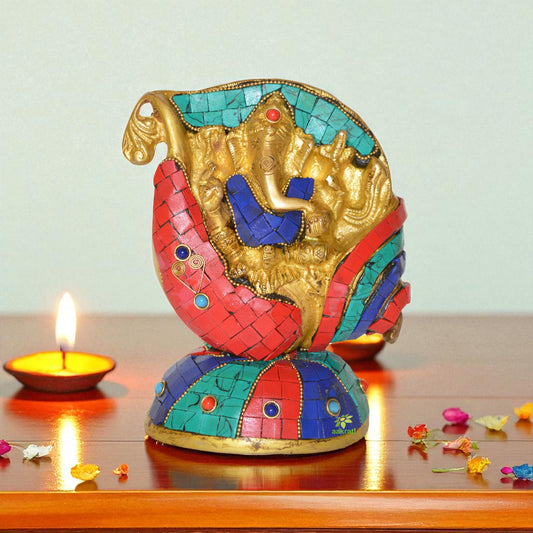Sitting Ganesha on Conch with turquoise Finish - Metal decorative religious Statue Aakrati