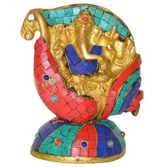Sitting Ganesha on Conch with turquoise Finish - Metal decorative religious Statue Aakrati
