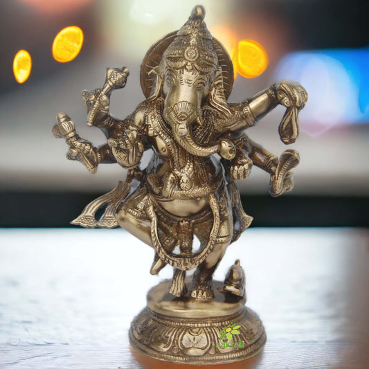 Elegant Brass Ganesha Idol | Perfect for Pooja Room | Handcrafted Brass Lord Ganesha Dancing Murti ( Yellow, 9 inch) Aakrati