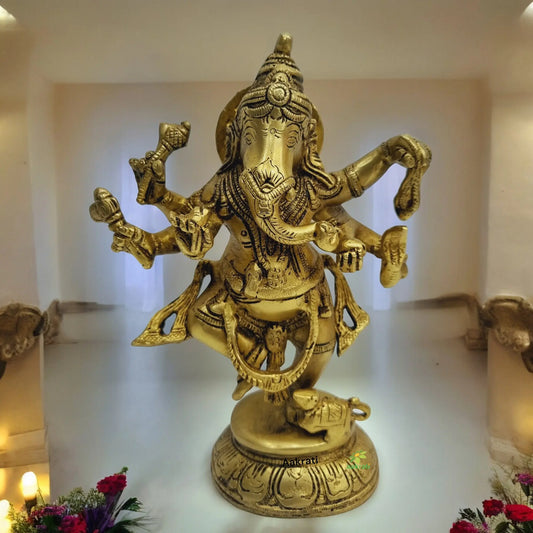Brass Dancing Lord Ganesha Statue | Divine Art for Your Home or Temple | Brass Dancing Ganesha Idol ( Yellow, 9 inch) Aakrati