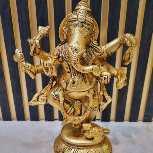 Brass Dancing Lord Ganesha Statue | Divine Art for Your Home or Temple | Brass Dancing Ganesha Idol ( Yellow, 9 inch) Aakrati