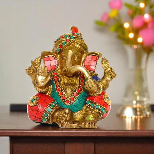 Aakrati - Turquoise Stone Embedded Ganesha Wearing Turban | Home Temple Decoration | Religious Brass Statue