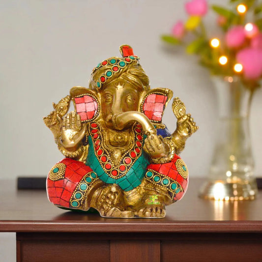 Aakrati - Turquoise Stone Embedded Ganesha Wearing Turban | Home Temple Decoration | Religious Brass Statue Aakrati