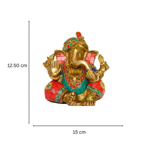 Aakrati - Turquoise Stone Embedded Ganesha Wearing Turban | Home Temple Decoration | Religious Brass Statue