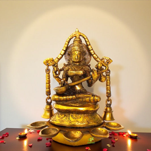 Saraswati Diya in Brass | Spiritual Luxury for Your Home | Goddess Saraswati Brass Oil Lamp ( Brown, 9 inch)