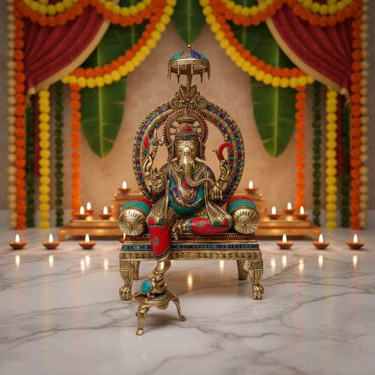 Ganesh Sitting on Throne Lobby decor metal brass Figure