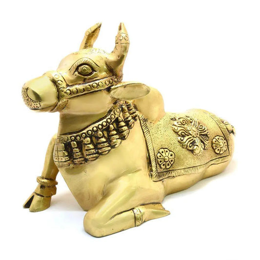 Handmade Brass Cow Idol | Perfect for Religious Temples and Spiritual Home Decor | Brass Cow Figurine ( Yellow, 7.5 inch) Aakrati