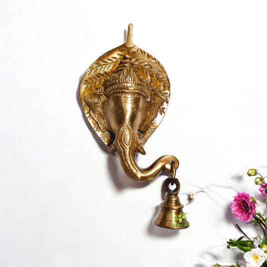 Divine Brass Ganesha Wall Hanging with Bell | Aesthetic & Divine Home Décor | Traditional Brass Ganesha Wall Hanging With little Bell ( Yellow, 7.8 inch) Aakrati