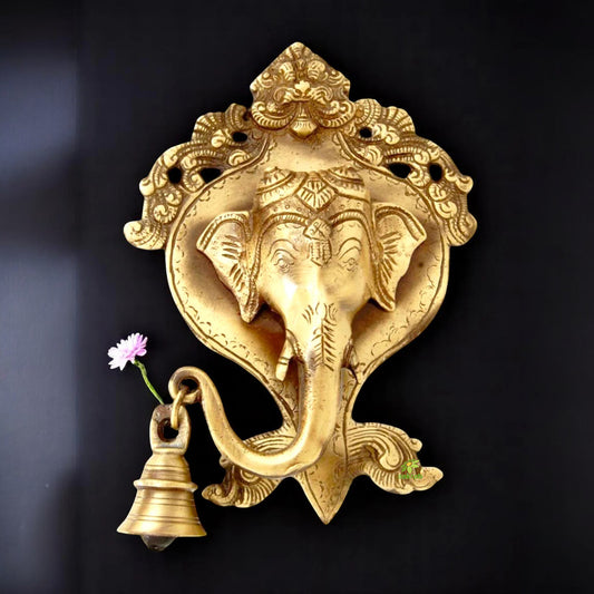 Brass Ganesha Wall Hanging Bell | Perfect for Traditional Home and Temple Decoration | Handcrafted Brass Ganesha Hanging ( Brown, 10 inch)