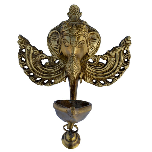 Traditional Brass Ganesha Oil Lamp | Aesthetic Spiritual Decor for Your Home | Handmade Brass Ganesha Diya ( Yellow, 10.5 inch) Aakrati