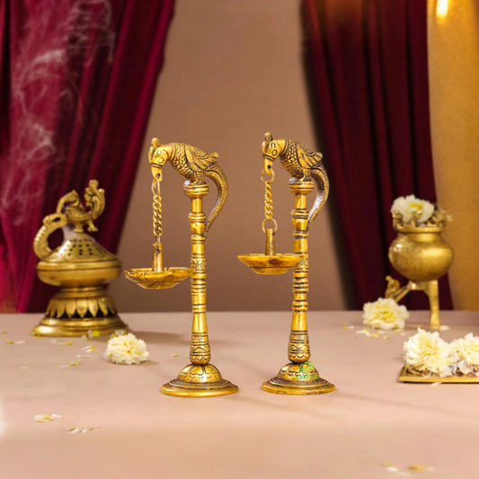 Aakrati Pair of Bird Diya Oil Lamp Stand Brass Hindu Religious Puja Artical Also use for Fengshui Gifts and Home Temple