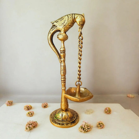 Brass Parrot Shaped Diya | Ideal Oil Lamp for Spiritual and Festival Lighting | Traditional Parrot Shape Oil Lamp ( Yellow, 6 inch) Aakrati