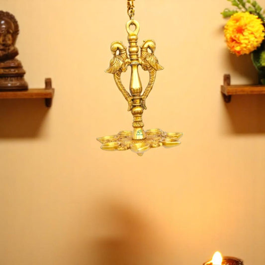Traditional Bird Shaped Brass Diya | Wall Hanging Oil Lamp for Festive Decor | Brass Bird Shaped Diya ( Yellow, 8 inch)