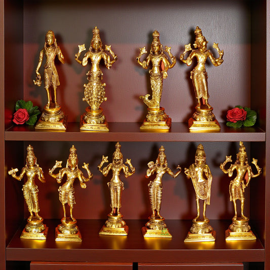 “Premium Brass Dashavatar Idols – Complete Dasavtar Figurine Set for Mandir, Spiritual Décor & Gifting”