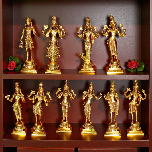 “Premium Brass Dashavatar Idols – Complete Dasavtar Figurine Set for Mandir, Spiritual Décor & Gifting” Aakrati