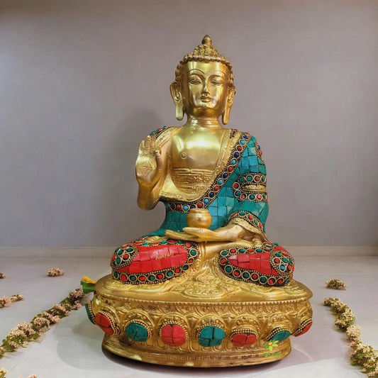 Lord Sitting Buddha with Stone Blessing Antique Idol Art Decor Gifts Aakrati