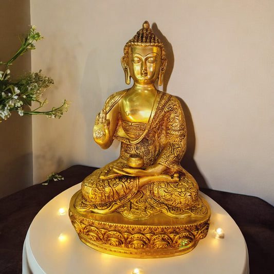 Brass Buddha Murti | Spiritual Home Decor for Calm and Serenity | Divine Brass Buddha Statue ( Yellow, 13 inch)