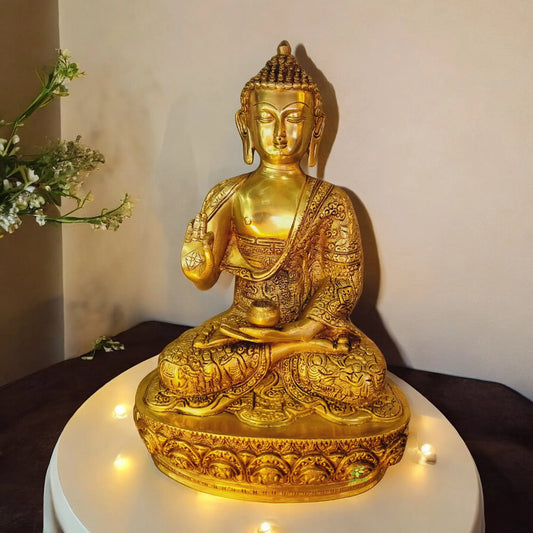 Brass Buddha Murti | Spiritual Home Decor for Calm and Serenity | Divine Brass Buddha Statue ( Yellow, 13 inch) Aakrati