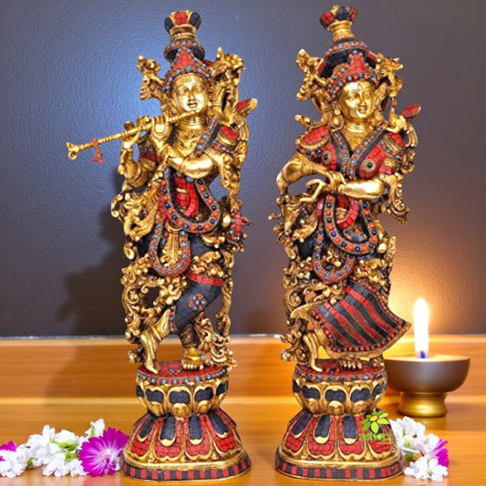 Aakrati Radha Krishna Statue Made in Brass - Hindu God Religious Figurine Idol Turquoise Handwork Big Murti 29 inch in Height | Home Decor | Showpiece | Decorat Aakrati