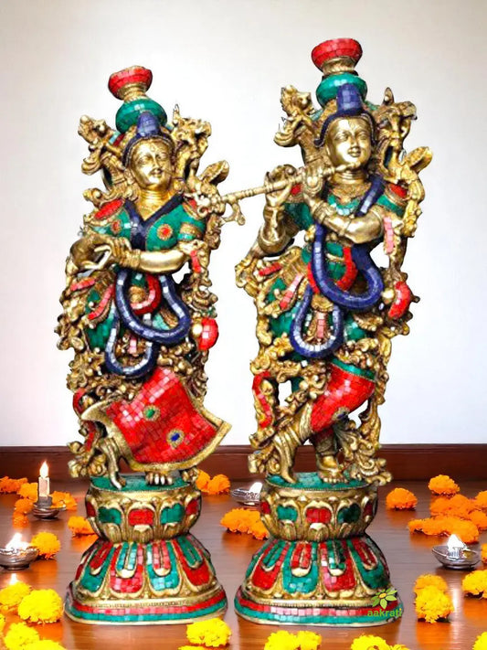 Radha Krishna Idol - Set of 2 - Brass Idols - Turquoise Coral Color - 29 Aakrati