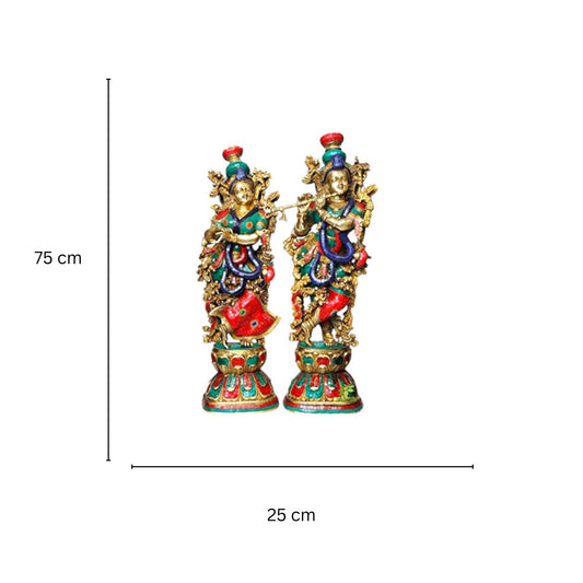 Radha Krishna Idol - Set of 2 - Brass Idols - Turquoise Coral Color - 29