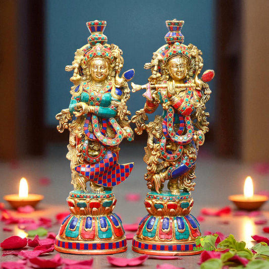 Aakrati Brass Radha Krishna Statue | 20 Inch Tall Radha Krishna Figurine in Brass | Large Radha-Krishna Sculpture | Hindu Divine Couples | Marriage Gift Aakrati