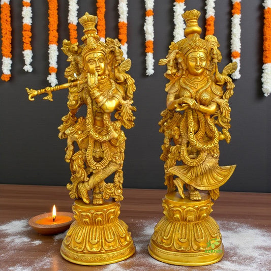 Brass Radha Krishna Statue | Divine Pair for Home and Temple Decor | Handcrafted Brass Radha Krishna Pair Murti ( Yellow, 20 inch) Aakrati