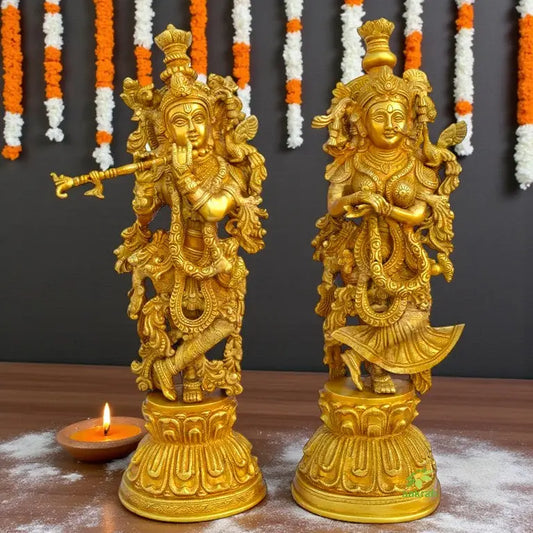Brass Radha Krishna Statue | Divine Pair for Home and Temple Decor | Handcrafted Brass Radha Krishna Pair Murti ( Yellow, 20 inch) Aakrati