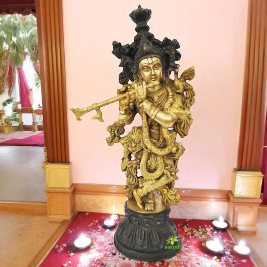 Handcrafted Brass Krishna Murti | Divine Idol for Home and Pooja Room | Brass Krishna Idol ( Yellow, 20.5 inch) Aakrati