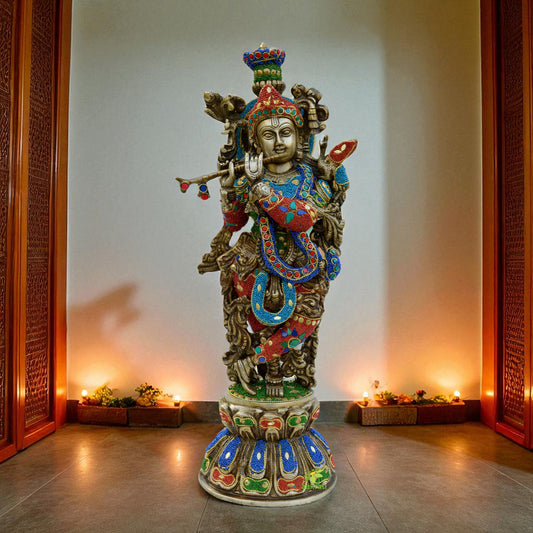 Krishna Statue in Brass with Stonework, 51CM Big Large Size Krishna Brass Idol, Bhagwan Temple Mandir Altar Hindu Religious Home Aakrati