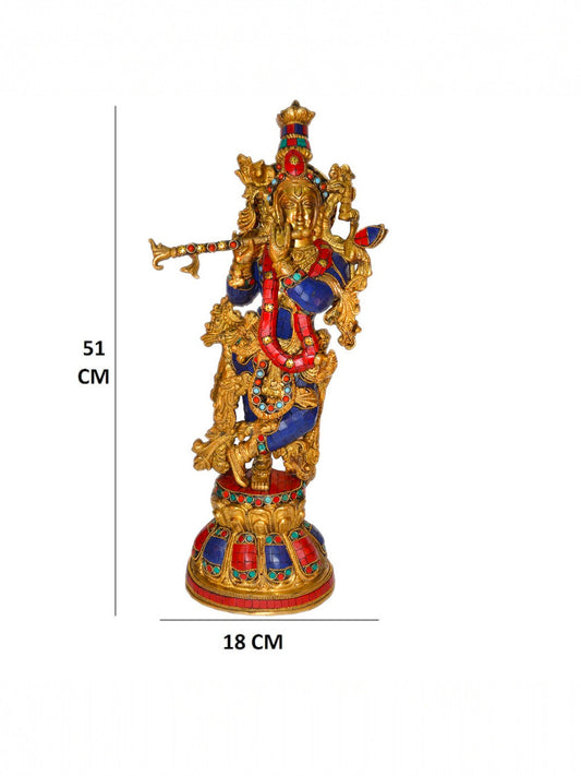 Large Flute Krishna Statue Hindu God Religious Figurine Idol Turquoise Handwork