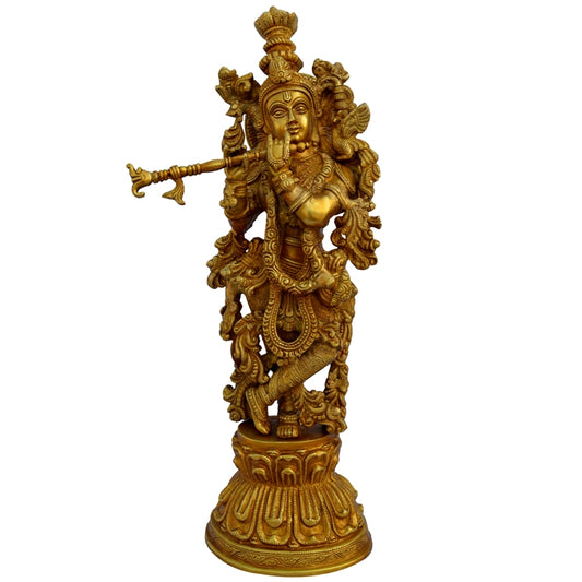 Handcrafted Brass Krishna Murti | Aesthetic Idol for Your Sacred Space | Brass Krishna Murti ( Yellow, 20 inch)