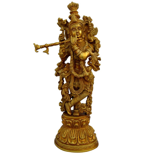 Handcrafted Brass Krishna Murti | Aesthetic Idol for Your Sacred Space | Brass Krishna Murti ( Yellow, 20 inch) Aakrati