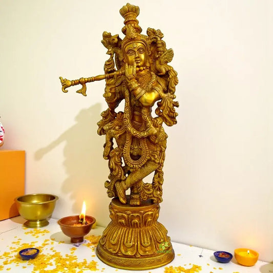 Handcrafted Brass Krishna Murti | Aesthetic Idol for Your Sacred Space | Brass Krishna Murti ( Yellow, 20 inch) Aakrati