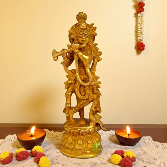 Handmade Brass Krishna Murti | Perfect Home Accent for Spiritual Harmony | Brass Krishna Statue ( Yellow, 8.5 inch) Aakrati