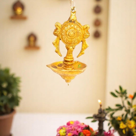 Brass Shankh Chakra Wall Oil Lamp | Unique Oil Lamp for Puja Room and Home Blessings | Brass Shankh Chakra Wall Lamp ( Yellow, 5 inch)