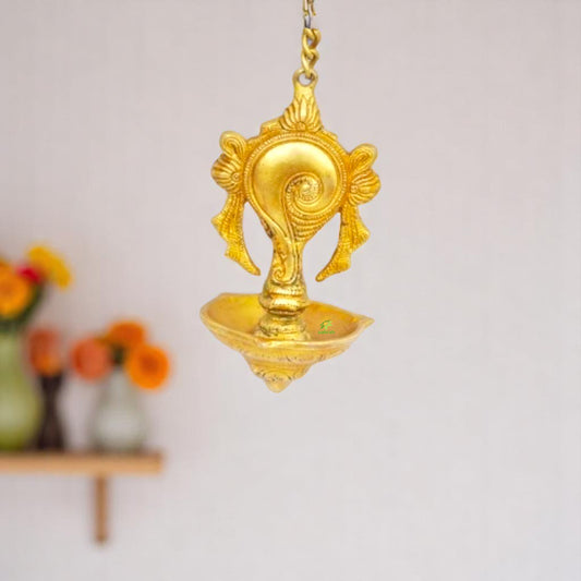 Traditional Shankh Shaped Brass Diya | Wall Hanging Oil Lamp for Divine Light | Brass Shankh Wall Lamp ( Yellow, 5 inch)