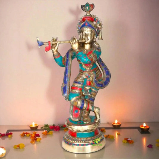 Krishna Brass metal Hand made stone work finish Religious figure Aakrati