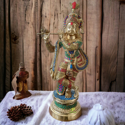 Krishna Brass metal Hand made stone work finish Religious figure Aakrati