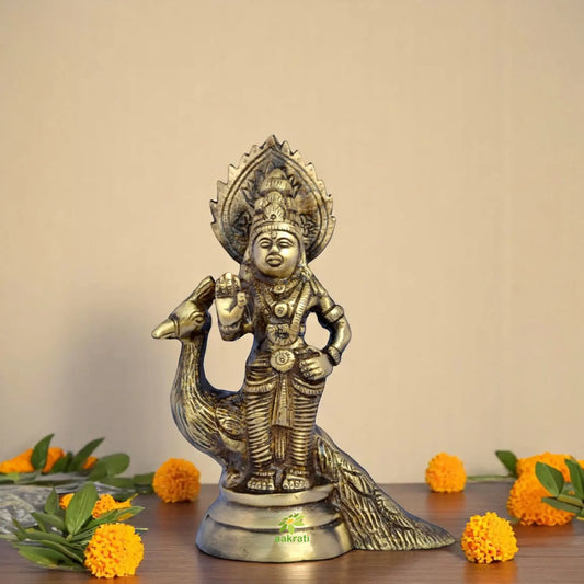 Brass Murugan Kartikeya Idol | Spiritual Symbol of Strength and Blessings | Handmade Brass Kartikeya Murti ( Brown, 7 inch) Aakrati