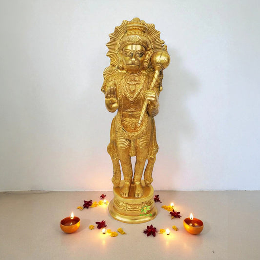 Brass Lord Hanuman Murti | Handcrafted Divine Murti for Spiritual Spaces | Lord Hanuman Handmade Brass Murti ( Yellow, 18 inch)