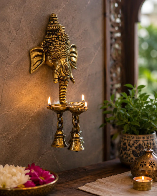 Brass Ganesha Wall Hanging Oil Lamp | Handcrafted Spiritual Decor for Home Temple | Brass Wall Hanging Diya ( Brown, 10 inch)