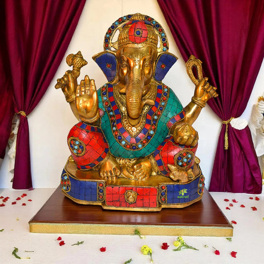 Sitting Lord Ganesh Statue with Coral Stone Work Aakrati